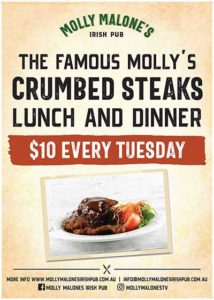 $10 Crumb Steak at Molly Malones Irish Pub Townsville
